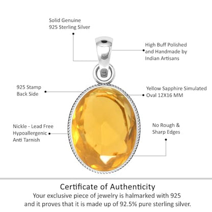 Chunky Natural Gemstone Pendant Necklace For Women Onyx, Turquoise, Amber, Garnet Oval Boho Genuine 925 Sterling Silver Handmade Jewelry - color: Citrine Quartz