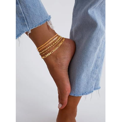 Gold Ankle Bracelets for Women,14k Gold Plated Anklets Waterproof Cuban Link Tennis Herringbone Beaded Chain Anklets Set Layered Anklet Bracelets for Women Adjustable Summer Beach Jewelry 5pcs - color: B:Gold mariner +figaro+ball+ bead+ shard