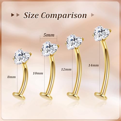 NICEIGHT 14G F136 Pure Titanium Floating Belly Button Rings for Women Petite Flat Back CZ Belly Rings Opal Barbell Heart Curved Navel Ring Internally Threaded Belly Piercing Jewelry 8/10/12/14mm - color: Gold-Heart CZ, size: 10mm (Standard Size)