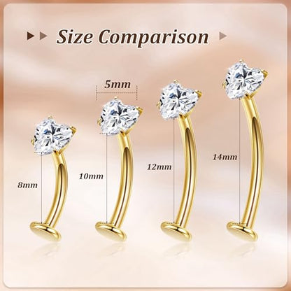 NICEIGHT 14G F136 Pure Titanium Floating Belly Button Rings for Women Petite Flat Back CZ Belly Rings Opal Barbell Heart Curved Navel Ring Internally Threaded Belly Piercing Jewelry 8/10/12/14mm - color: Gold-Heart CZ, size: 12mm (Slightly Longer)