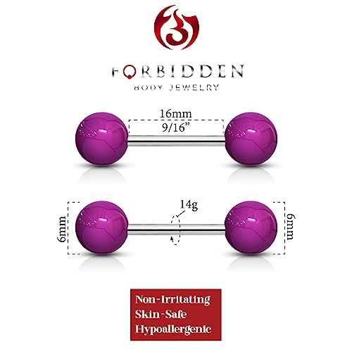 Forbidden Body Jewelry 14 g 16 mm Stainless Steel Nipple or Tongue Ring Barbell Set with Acrylic Balls (Choose Color) - style: Purple