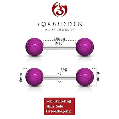 Forbidden Body Jewelry 14 g 16 mm Stainless Steel Nipple or Tongue Ring Barbell Set with Acrylic Balls (Choose Color) - style: Purple