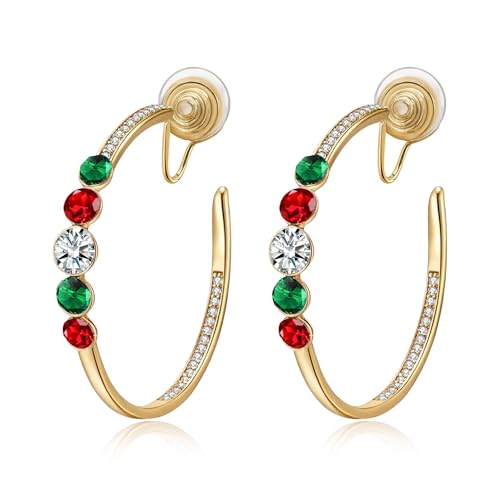 EVEVIC Austrian Crystal Hoop Clip On Earrings for Women | 14K Gold Plated,Silicone Comfort Pad,Versatile for Daily and Formal Occasions,Gift Box Included - color: Christmas Glow