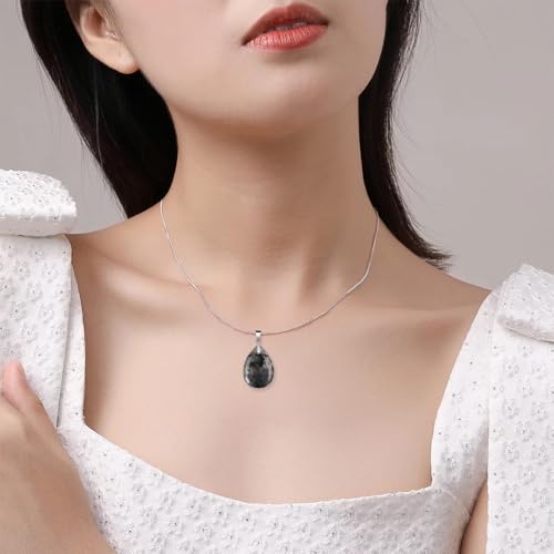 iSTONE 925 Sterling Silver Natural Crytral for Womens Pendant Necklace, Gemstone Birthstone with 17.8" Silver Chain Ladies - color: Black Spectrolite