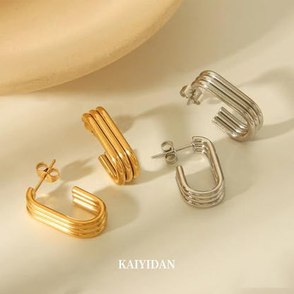 2 Pairs Gold/Silver Hoop Earrings For Women Set Trendy,14K Plated Gold Chunky Huggie Hoop Earings Pack,Oval Twisted Statement Silver Hoops,Fashion Jewelry Gift - color: 15) triple hoop