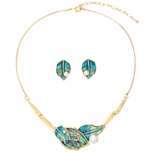 Chunky Statement Jewelry Set Blue Ocean Seashell Choker Necklaces Earrings Set for Women Pearl Bib Collar Necklaces for Party Prom Pageant Summer Fashion Jewelry Unique Birthday Gift - style: leaf abalone shell pearl gold blue