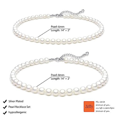 Zeffy Pearl Necklace 4MM/6MM/8MM Dainty Round Imitation Pearl Choker Necklace Wedding Pearl Necklace Delicate Jewelry for Women Simple Bridesmaid Jewelry Gifts - style: 6mm+8mm Silver Pearl Necklace(14"+2")