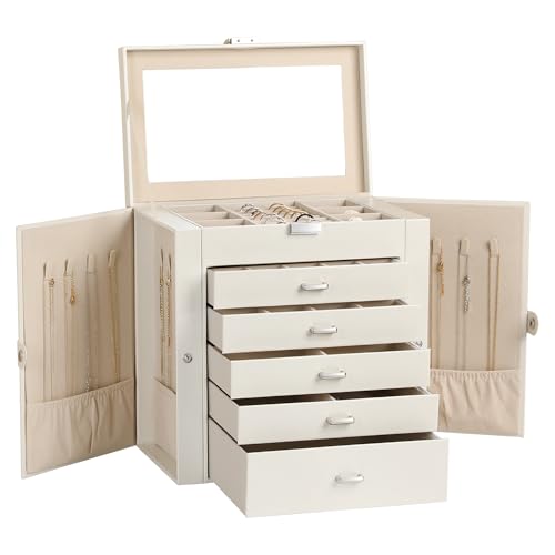 Frebeauty 6-Layer Jewelry Box for Women,Large Jewelry Organizer with Drawer | Faux Leather,Built-in Mirror,Spacious Jewelry Storage,16 Necklace Hooks,Organizing by Category for Rings Earrings Bracelet - color: Pearl White, size: Large