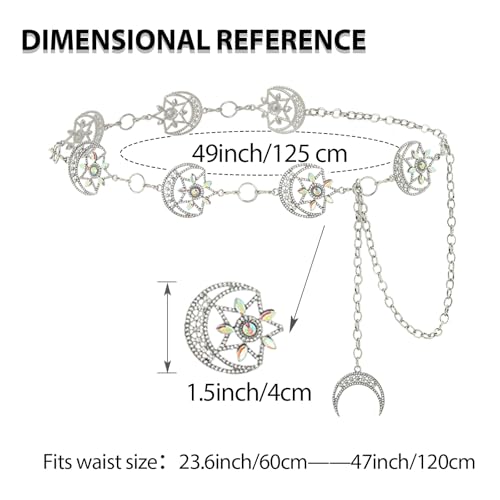 Rhinestone Moon Chain Belt Sparkly Star Waist Chain Adjustable Body Jewley for Women Dress Belt Accessory - style: Silver moon star B
