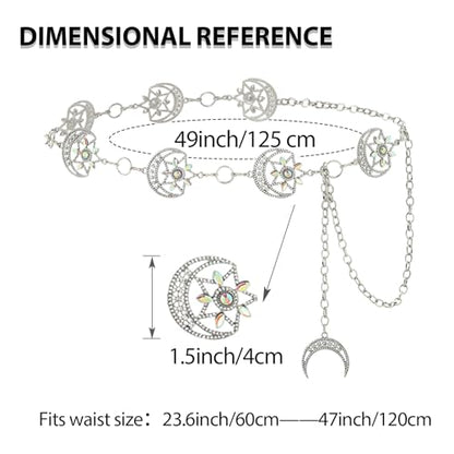 Rhinestone Moon Chain Belt Sparkly Star Waist Chain Adjustable Body Jewley for Women Dress Belt Accessory - style: Silver moon star B