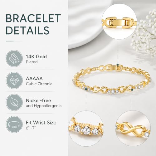 Tennis Bracelet for Women - 14K Gold Plated Heart Cubic Zirconia Bracelet, Dainty Trendy Anniversary Birthday Christmas Jewelry Gift for Her - color: Infinity Gold-18CM