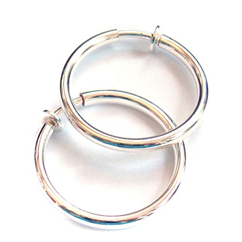 Clip-on Earrings Round Shiny Plated Hoop Earrings Gold Or Silver 1 inch Hoops Hypo-Allergenic - style: Silver