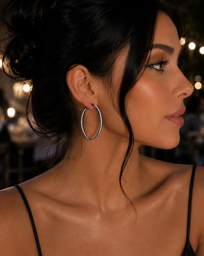 Stainless Steel Inside Out 40mm Hoop Earrings for Women – Sparkling CZ Crystal Hoops, Hypoallergenic, Lightweight, Modern Everyday Earrings – Silver, 18K Gold Plated, & Black Options - color: Black
