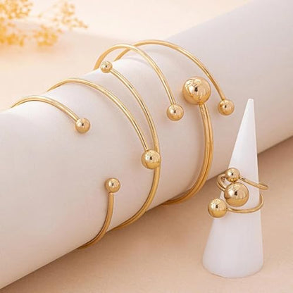 Rrdaily Layered Gold Plated Sphere Spiral Bangle Rings Set for Women,Open Twisted Geometric Wrist Cuff Bracelets Punk Party Accessories Trendy Jewelry Present