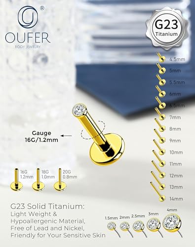 OUFER 2Pcs 20G/18G/16G G23 Titanium Threadless Nose Stud Earrings Flat Back Tiny CZ Small Nose Helix Cartilage Tragus Conch Labret Medusa Monroe Piercing Jewelry for Women Men - color: Gold, size: 2pcs, 16g 4.5mm, 2mm cz