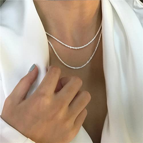 Herringbone Choker Necklace Set Double Layer Snake Chain Herringbone Chain Necklace Layering Necklace Set Cuban Chain Necklace for Women - style: 2Layered Shiny Rope Chain-SL