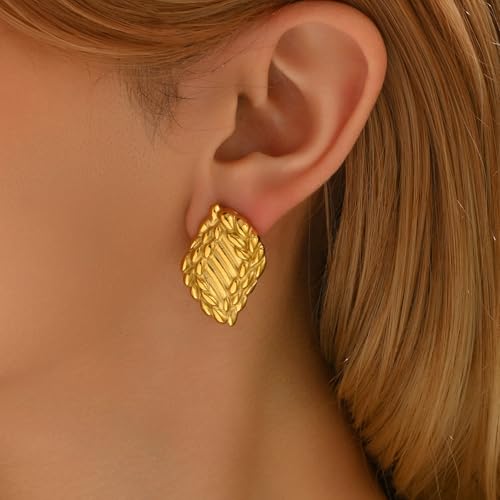 Chunky Stud Earrings for Women 18K Gold Plated Large Square Rectangle Geometric Round Swirl Stud Earrings Trendy Irregular Hammered Statement Earrings - color: Rhombus-Gold