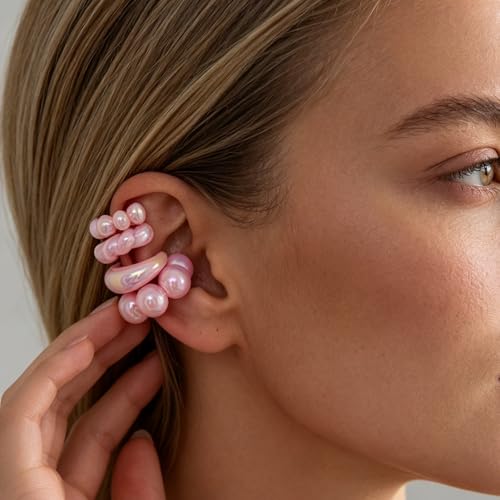 Chunky Resin Ear Cuffs Earrings for Women 4Pcs Colorful Non Piercing Clip On Cartilage Hoop Earrings Trendy Jewelry - color: Pink