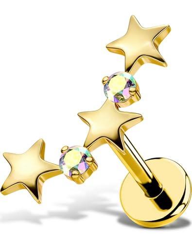 OUFER Body Piercing Star Helix Piercing Jewelry 18G Helix Earrings for Women 318L Stainless Steel Internally Thread Conch Helix Stud Flat Back Cartilage Earring for Women - color: Gold-AB CZ, size: 1.0*8mm