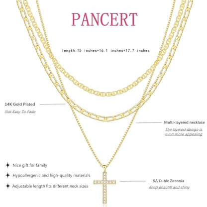 Cross Necklace for Women,Stackable Stacked Stacking Layering Layered Necklaces Dainty Gold Necklace Paperclip Box Flat Mariner Chain Necklace Cross Pendant CZ Diamond Simple Jewelry Gift - color: GD