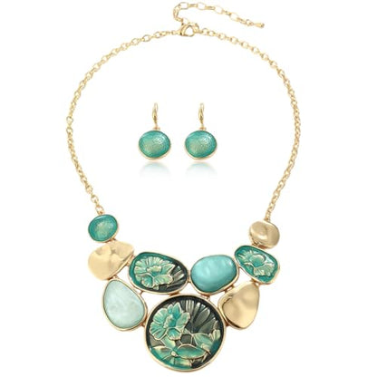 Vintage Statement Jewelry Set - Chunky Flower Floral Plant Geometric Resin Bib Necklace Earring Set Bohemian Boho Crystal Rhinestone Fashion Jewelry for Women Bridal Party Prom Unique Gift - style: MLJS2606
