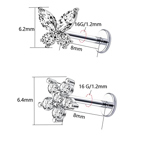 VERAMI 16G Surgical Steel Pushin Lip Rings Butterfly Flower Bee Nose Stud Rings Top Push in Threadless Flat Back Nose Rings Studs Cartilage Earrings for Womens - color: STYLE-01