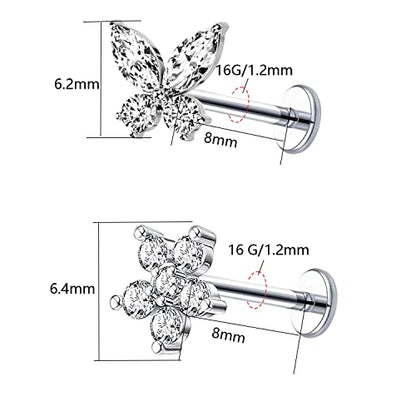 VERAMI 16G Surgical Steel Pushin Lip Rings Butterfly Flower Bee Nose Stud Rings Top Push in Threadless Flat Back Nose Rings Studs Cartilage Earrings for Womens - color: STYLE-01