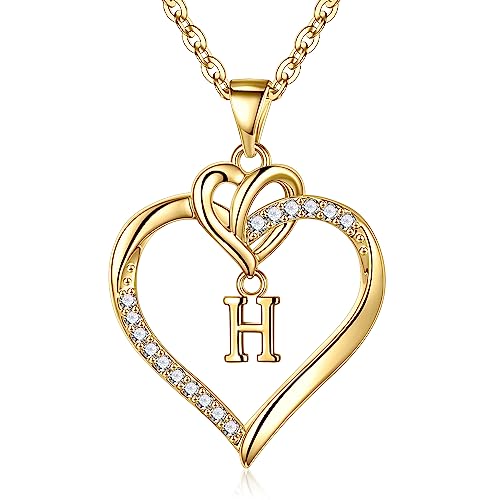 STORUP Heart Initial Necklaces for Women Girls, Initial A-Z Heart Necklace | 14K-Gold-Plated, Initial Heart Necklaces for Teen Girl Jewelry, Anniversary Birthday Gifts for Girls Women Her Wife Mom - color: Gold, style: H