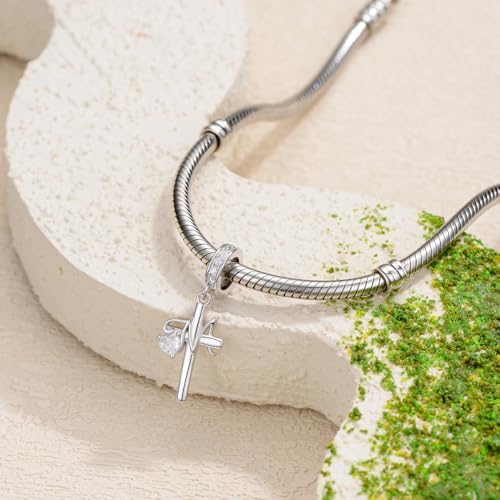 PROESS Initial Cross Charm 925 Sterling Silver Letter A B C Pendant Dangle Charm Beads for Bracelet Initial Cross Jewelry Gifts for Women - style: 13-M
