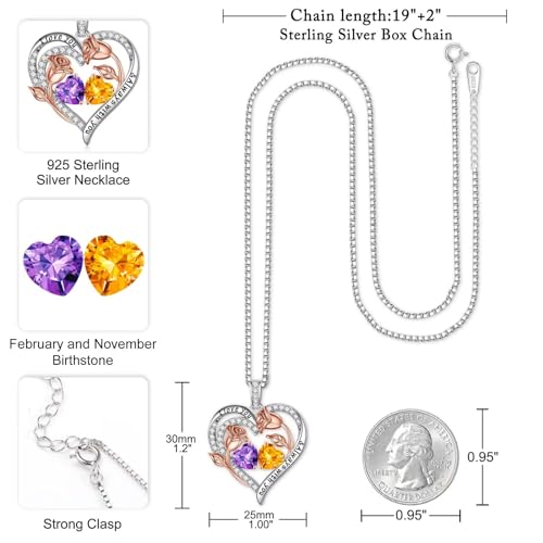 Iefil Birthstone Necklace for Women - Rose Heart Necklace | 925 Sterling Silver, Gift Box Packaging, Anniversary Birthday Gifts for Wife Mom Daughter - color: 02-11-Feb-Nov Birthstone