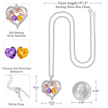 Iefil Birthstone Necklace for Women - Rose Heart Necklace | 925 Sterling Silver, Gift Box Packaging, Anniversary Birthday Gifts for Wife Mom Daughter - color: 02-11-Feb-Nov Birthstone