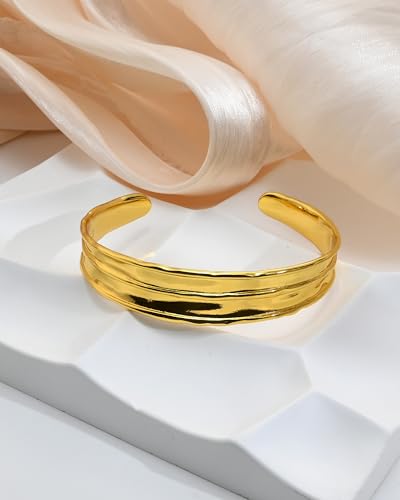 Irregular Hammered Wave Texture Cuff Bracelet for Women Open Bangle Hypoallergenic Jewelry Silver & Gold - color: Gold