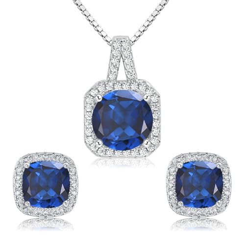 Cubic Zirconia Necklace and Earrings Set for Women 14K White Gold Plated Bridesmaid Silver Jewelry Set for Women Pendant Necklace Hypoallergenic Stud Earrings Set Jewellery Gift for Mom Wife Bride Bridesmaid - color: Sapphire Blue-Square Shape