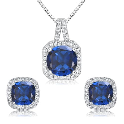 Cubic Zirconia Necklace and Earrings Set for Women 14K White Gold Plated Bridesmaid Silver Jewelry Set for Women Pendant Necklace Hypoallergenic Stud Earrings Set Jewellery Gift for Mom Wife Bride Bridesmaid - color: Sapphire Blue-Square Shape