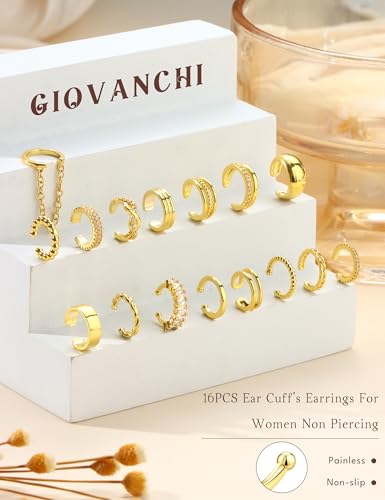 Giovanchi 16Pcs Ear Cuffs Non Piercing Ear Cuff Earrings for Women | 14K Gold Plated Ear Cuff, Adjustable, Non Pierced Ears, Clip on Cartilage Earring Fake Earrings Set - color: A-14K Gold Plated