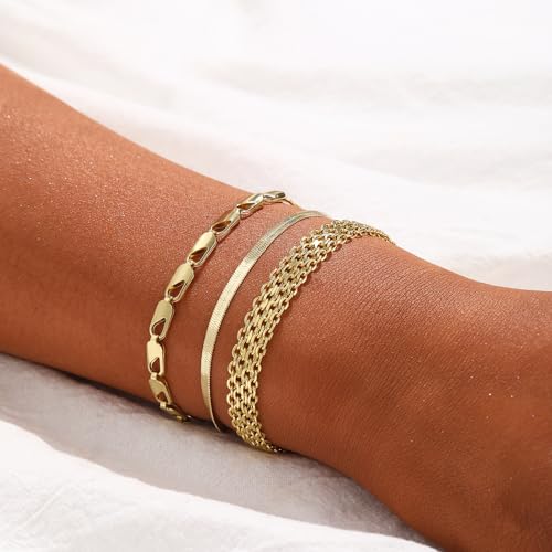 Cuzmly Bracelets for Women, Waterproof 14K Gold/Silver Plated Stackable Bracelets for Women Non Tarnish Trendy Dainty Paperclip Figaro Box Herringbone Hand Chain Bracelet Pack Stack Adjustable Jewelry for Women - style: 3 Net