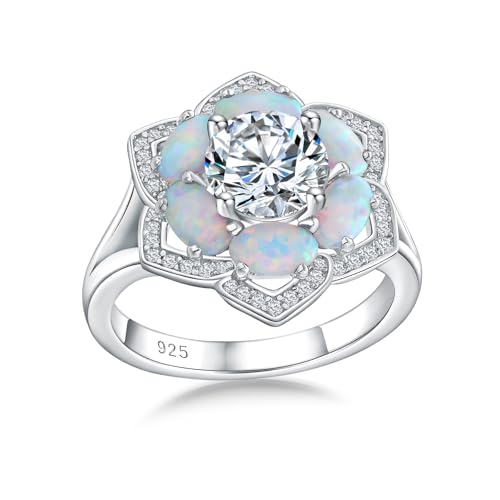 Flower Cocktail Ring for Women Stone Engagement Anniversary Rings | Sterling Silve|Hypoallergenic|Ruby|Sapphire|Emerald|Wedding and Birthday Party Women Statement Ring|Mother and Grandma Gift - color: Opal (Oct.)