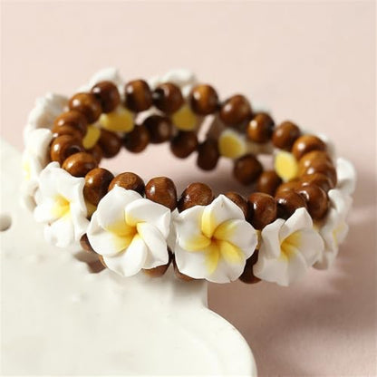 Hawaiian Plumeria Rubra Wooden Beaded Bracelet for Women Boho Polymer Clay Plumeria Flower Stretch Bracelet Summer Beach Jewelry - color: White+Yellow
