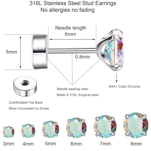 6 Pairs Surgical Steel Flat Back Earrings | CZ Stud Set | Hypoallergenic 316L Surgical Steel • Flat Back Threaded Studs for Cartilage, Helix & Lobe • 6 Mixed Sizes (3-8mm) - color: Flatback-Rainbow CZ