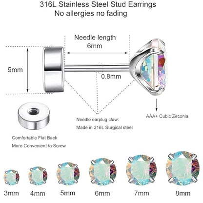 6 Pairs Surgical Steel Flat Back Earrings | CZ Stud Set | Hypoallergenic 316L Surgical Steel • Flat Back Threaded Studs for Cartilage, Helix & Lobe • 6 Mixed Sizes (3-8mm) - color: Flatback-Rainbow CZ