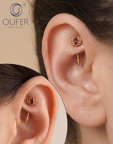 OUFER 16G Rook Piercing Jewelry, Lotus Eyebrow Earrings, 316L Surgical Steel Rook Earrings, Curved Barbell Lip Rings, Helix Cartilage Piercing Jewelry for Women - color: Gold, Red CZ