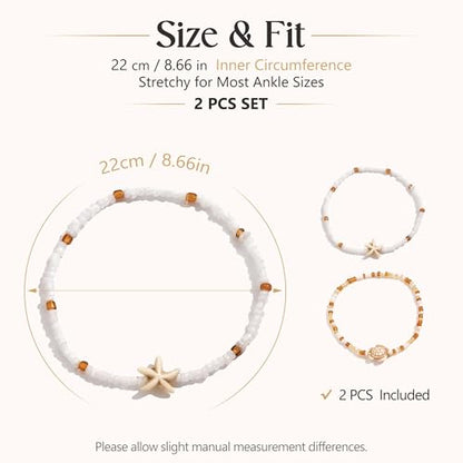 Fesciory Shell Ankle Bracelets for Women, Gold Plated Boho Beach Anklet Set | Adjustable Pearl Bead Anklet Set with Starfish, Conch and Seashell Charms for Beach Outfits, Vacations, Parties and Gifts - color: Gold-1