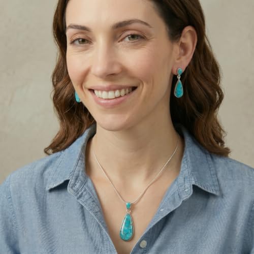 Turquoise Necklace & Earrings Set in Sterling Silver 925 with Genuine Gemstones (20” Chain)