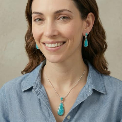 Turquoise Necklace & Earrings Set in Sterling Silver 925 with Genuine Gemstones (20” Chain)