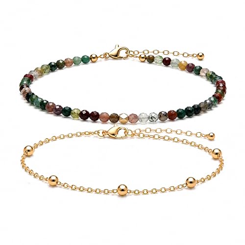 2Pcs Beaded Anklets for Women, Natural Stone Bead Ankle Bracelets with 14K Gold Plated Chain, Waterproof Adjustable Layered Anklet Set, Boho Beach Summer Jewelry Gift - color: Indian Agate