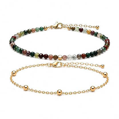 2Pcs Beaded Anklets for Women, Natural Stone Bead Ankle Bracelets with 14K Gold Plated Chain, Waterproof Adjustable Layered Anklet Set, Boho Beach Summer Jewelry Gift - color: Indian Agate