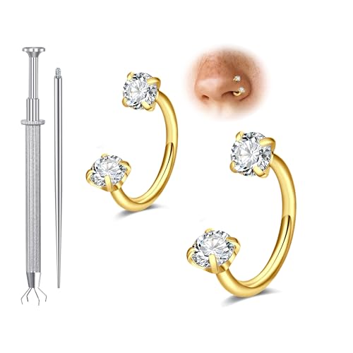 Longita 20g Nose Rings Hoop L Shape Nose Studs Stainless Steel Nose Screw Bone Flat Top Diamond Opal Heart High Nostril Piercing Jewelry Silver Rose Gold Black Pack for Women Men - color: B4- Horseshoe Ring 2pcs 18g 6mm 8mm- gold