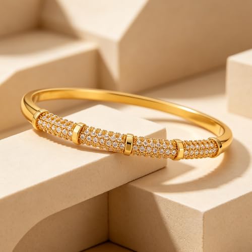 hotoo Gold Plated Bangle Bracelet for Women - style: Paved Crystal Golden Bamboo