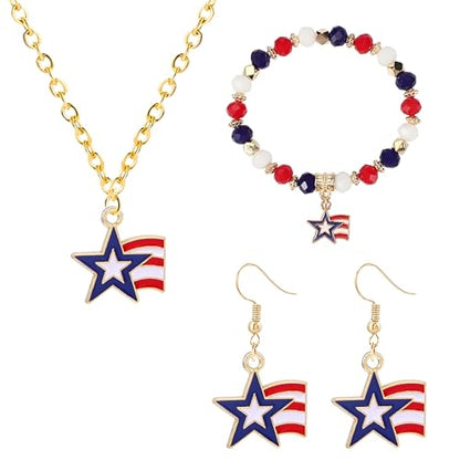 4th of July Earring Bracelet And Necklaces Jewelry Set for Women Men Personalized Red White and Blue Patriotic American Flag Dangle Drop Earrings Independence Day Holiday Accessories Gifts - style: star