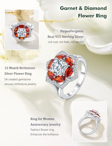 Flower Engagement Promise Ring Sterling Silver Birthstone Rings for Women Sapphire/Emerald/Ruby Gemstone Six Leaf Clover Statement Cocktail Ring Size 6 to 10 - style: 01. January-Created Garnet